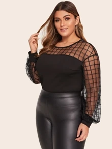 SHEIN Privé 大碼格紋肩部網紗素色上衣 - 黑色 - 查看 4