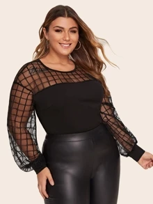 SHEIN Privé 大碼格紋肩部網紗素色上衣 - 黑色 - 查看 5