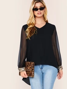 SHEIN Clasi Top bajo irregular de puño con lentejuelas en contraste escote V - Negro - Ver 1