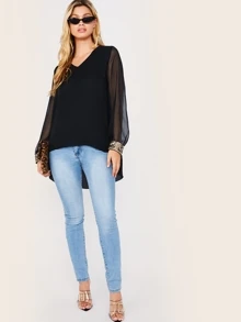 SHEIN Clasi Top bajo irregular de puño con lentejuelas en contraste escote V - Negro - Ver 5