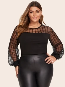 SHEIN Privé 大碼格紋肩部網紗素色上衣 - 黑色 - 查看 1