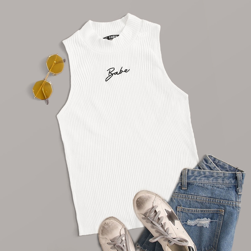 Mock-Neck Letter Embroidery Rib-knit Tank Top, White