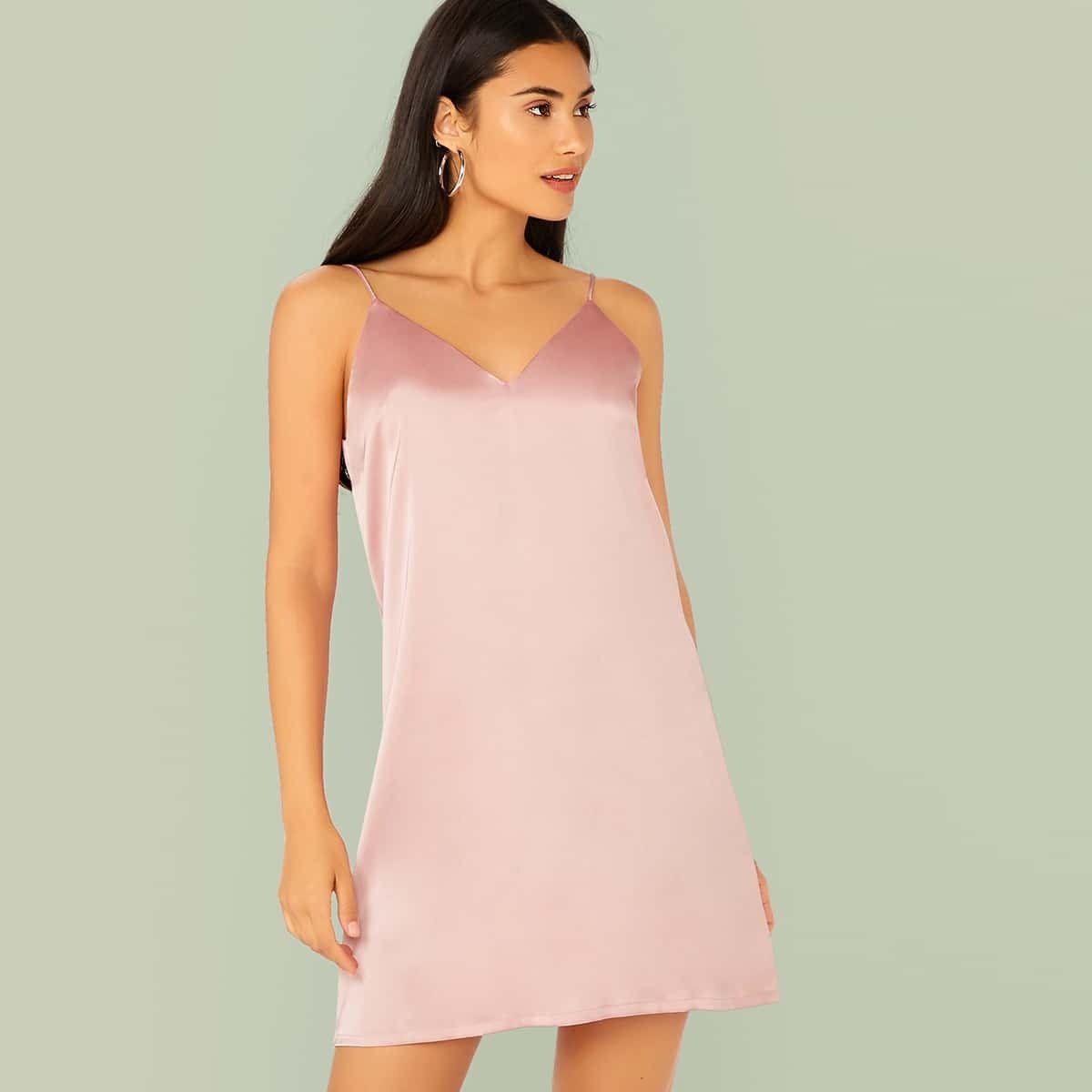 

Double V-neck Satin Slip Dress, Pink pastel