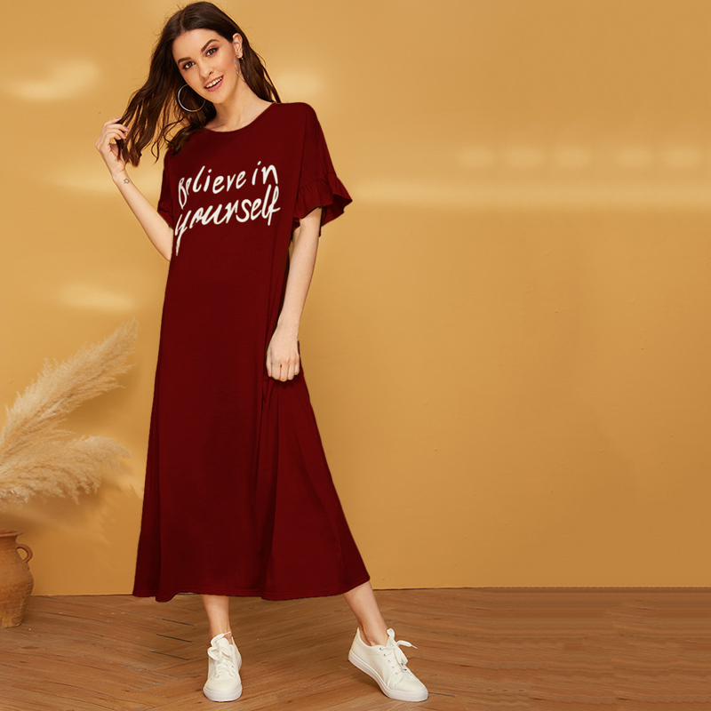 

Slogan Print Ruffle Cuff Nightdress, Burgundy