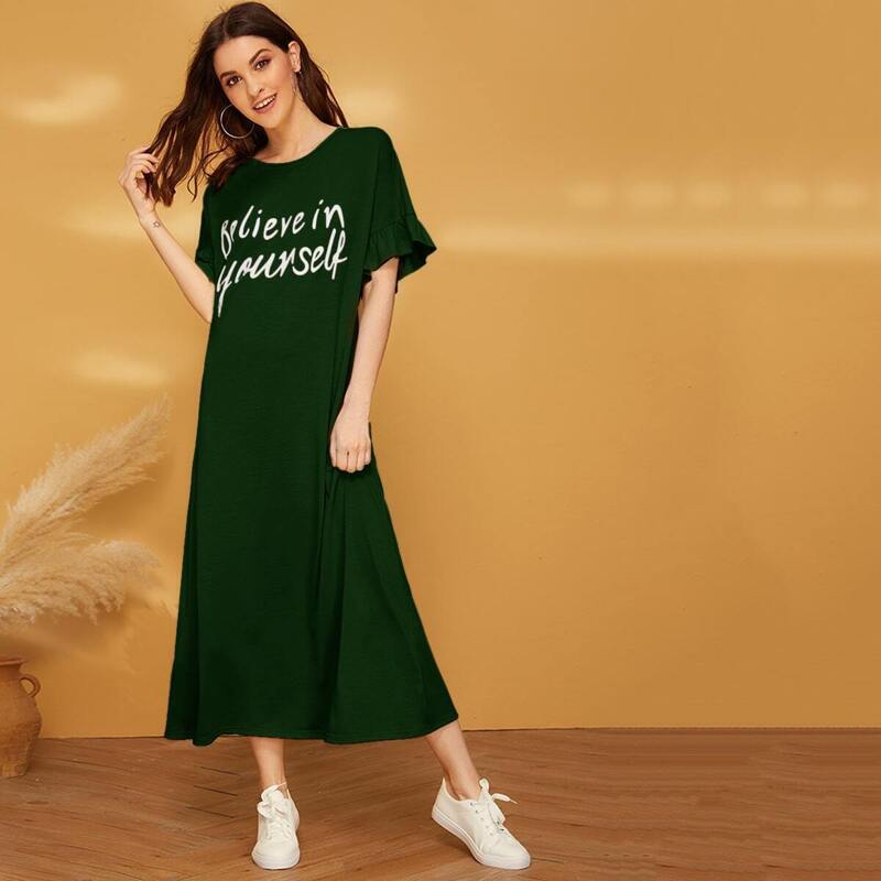 

Slogan Graphic Ruffle Cuff Nightdress, Green