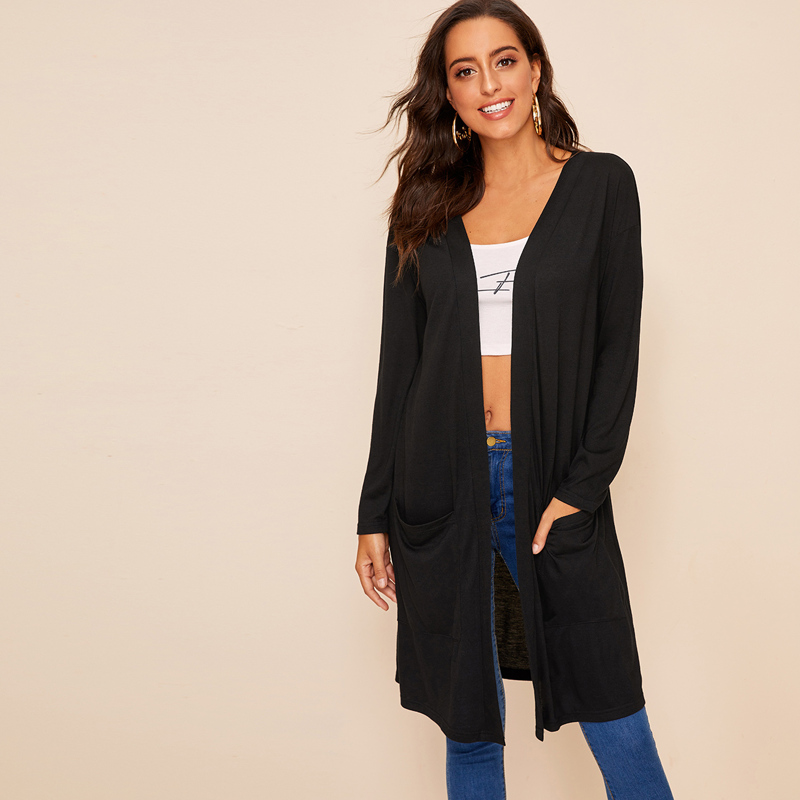 

Pocket Front Open Placket Solid Coat, Black