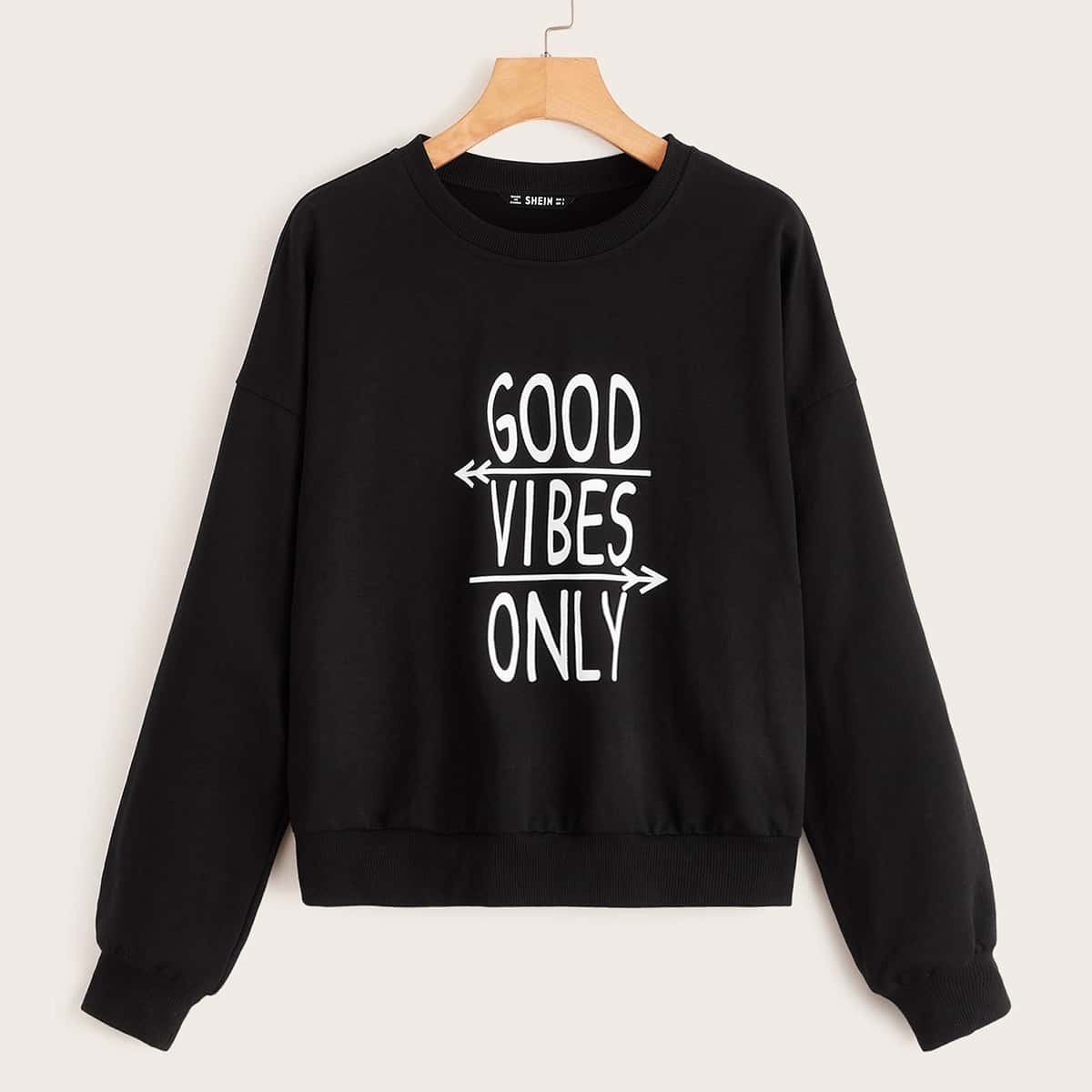 

Slogan Print Pullover, Black