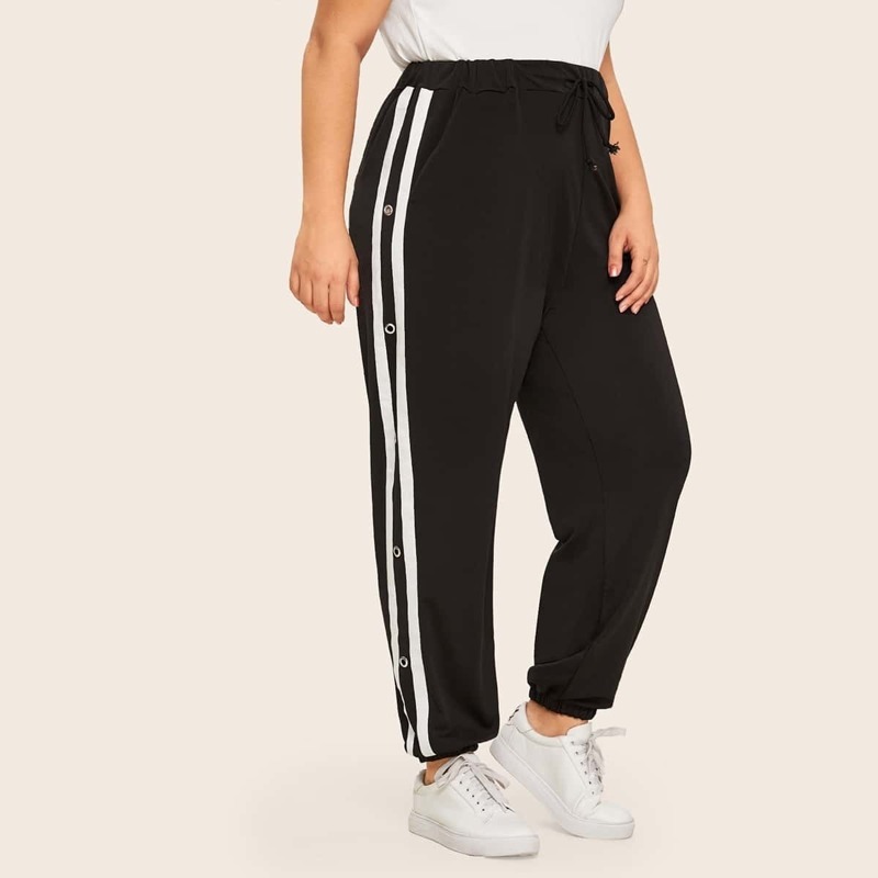 

Plus Drawstring Waist Tape Side Sweatpants, Black