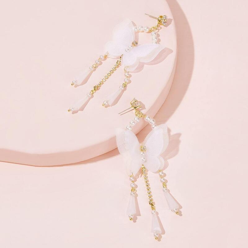 

Butterfly Decor Faux Pearl Tassel Drop Earrings 1pair, White