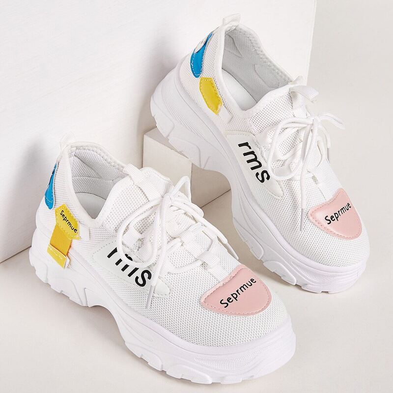 

Letter Print Mesh Chunky Sole Trainers, Multicolor