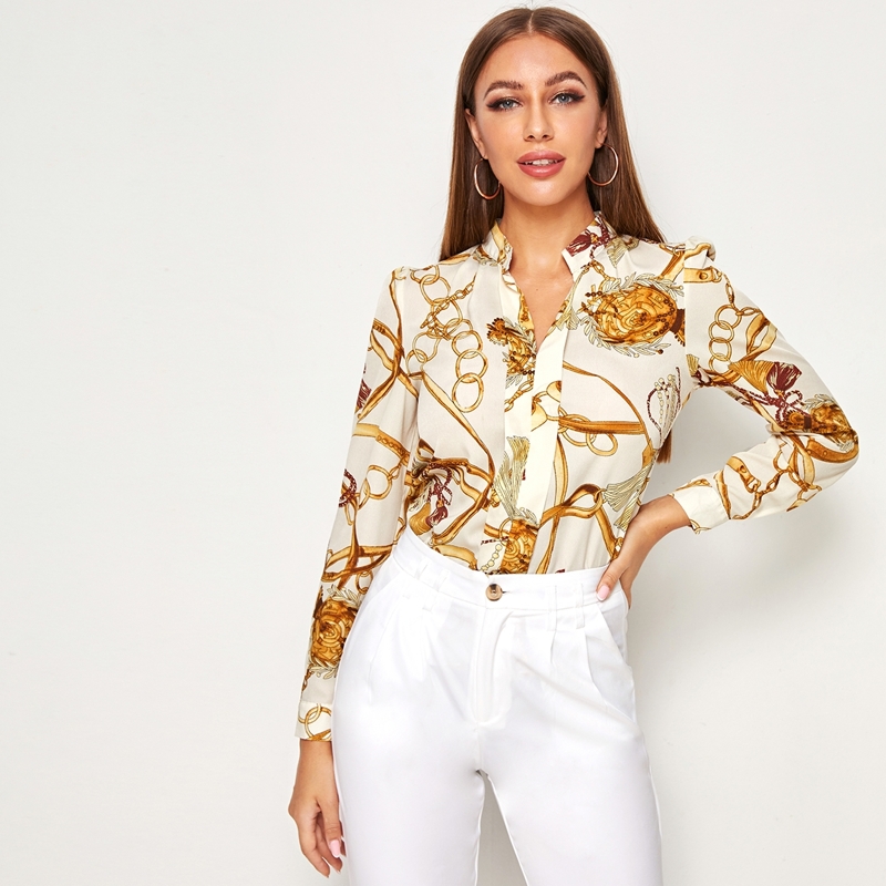 

Chain Print Split Neck Shirt, Multicolor