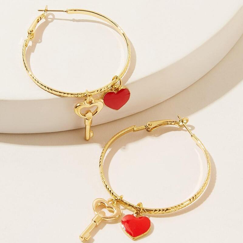 

Heart & Key Decor Hoop Earrings 1pair, Gold