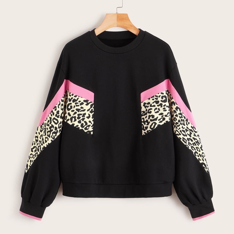 

Leopard Panel Drop Shoulder Sweatshirt, Black