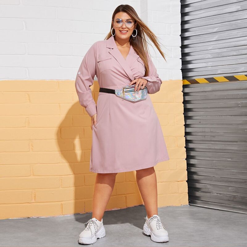 

Plus Notched Collar Double Pocket Dress, Pink
