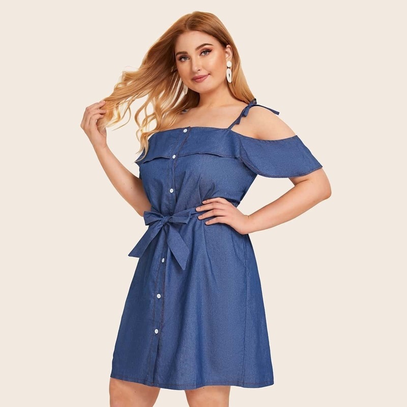 

Plus Button Front Ruffle Belted Denim Dress, Blue