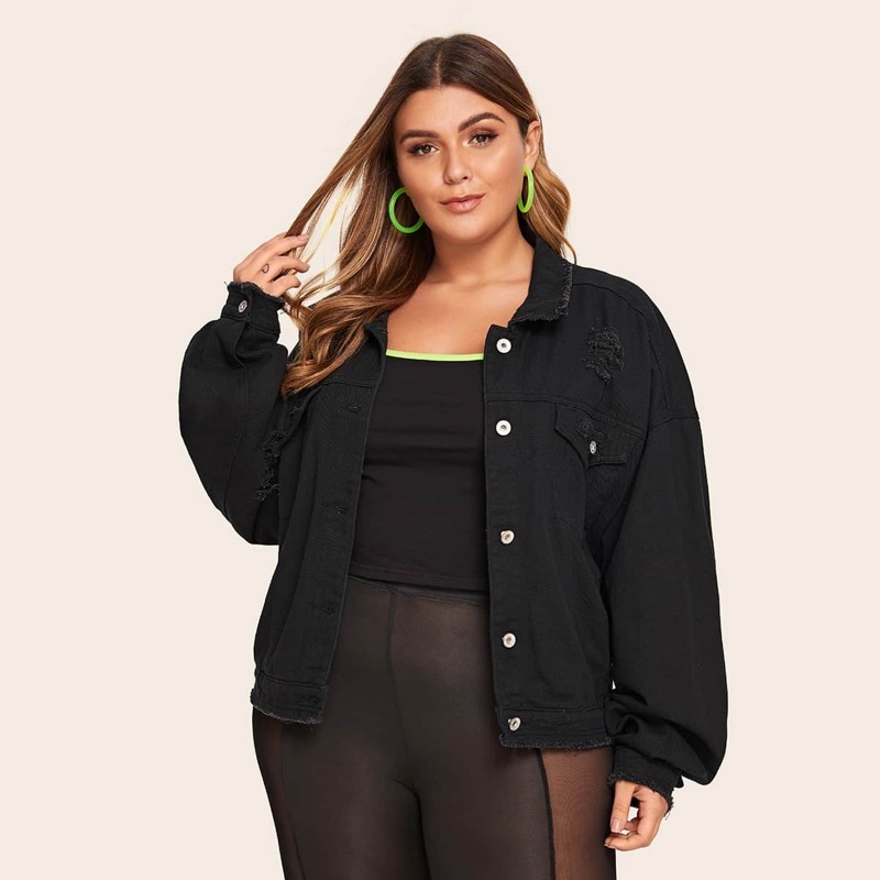 

Plus Ripped Button Front Denim Coat, Black