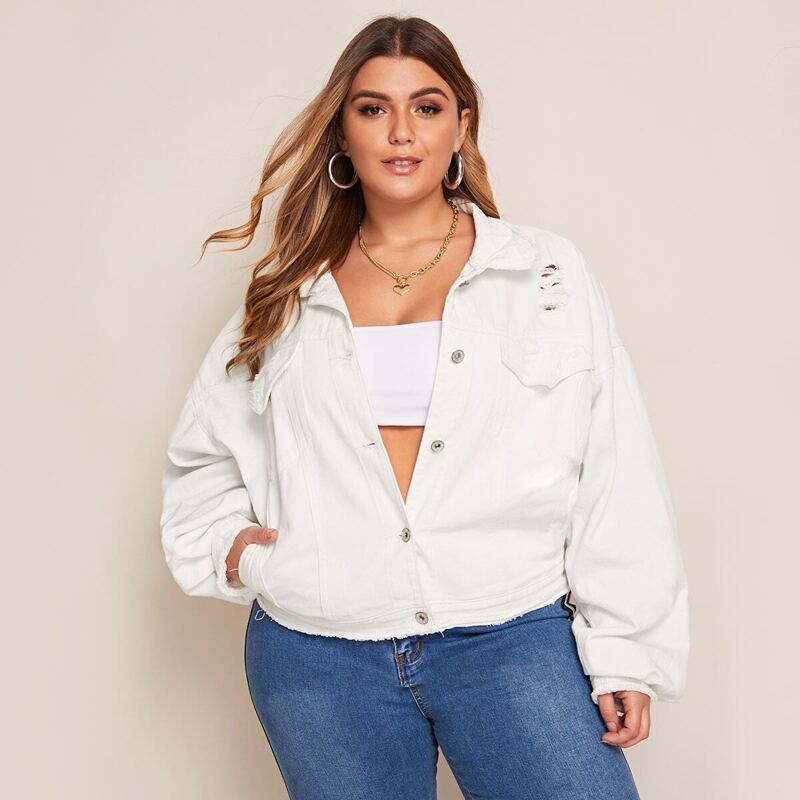 

Plus Ripped Button Front Denim Coat, White