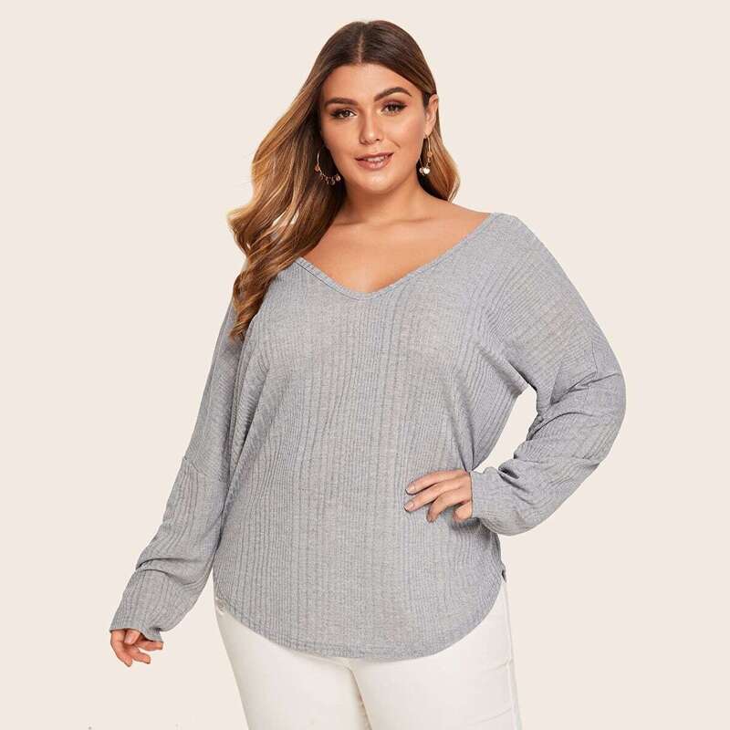 

Plus V-Neck Solid Knit Top, Grey