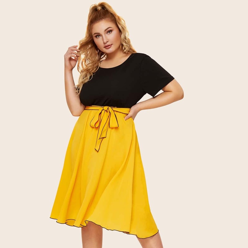 

Plus Two Tone Self Tie Dress, Multicolor