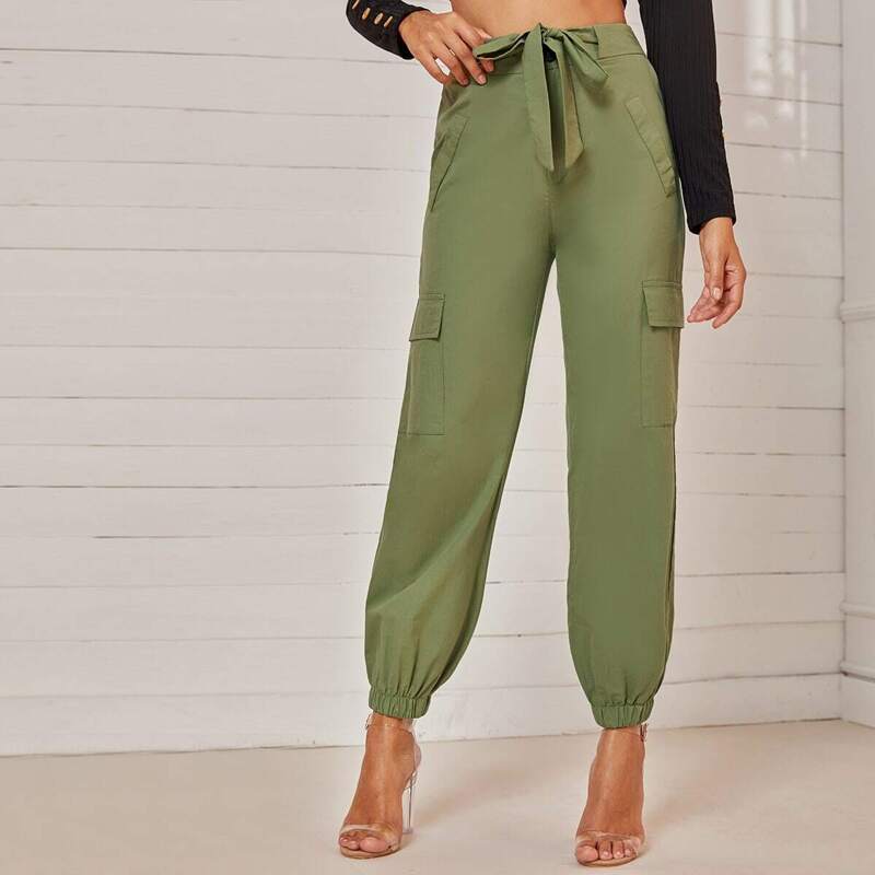 

Tie Front Pocket Side Cargo Pants, Army green