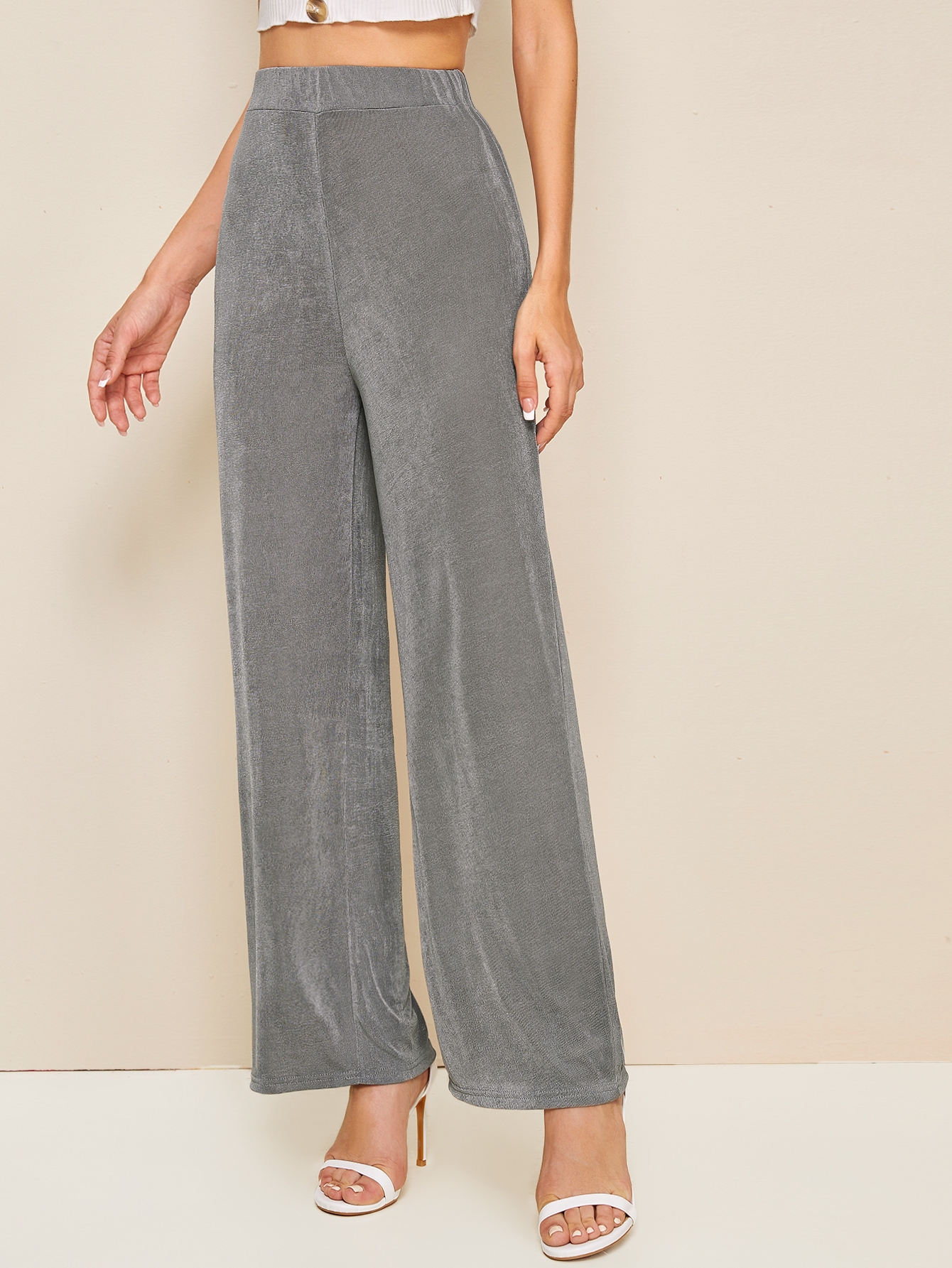 elastic waist solid wide leg sweater pants