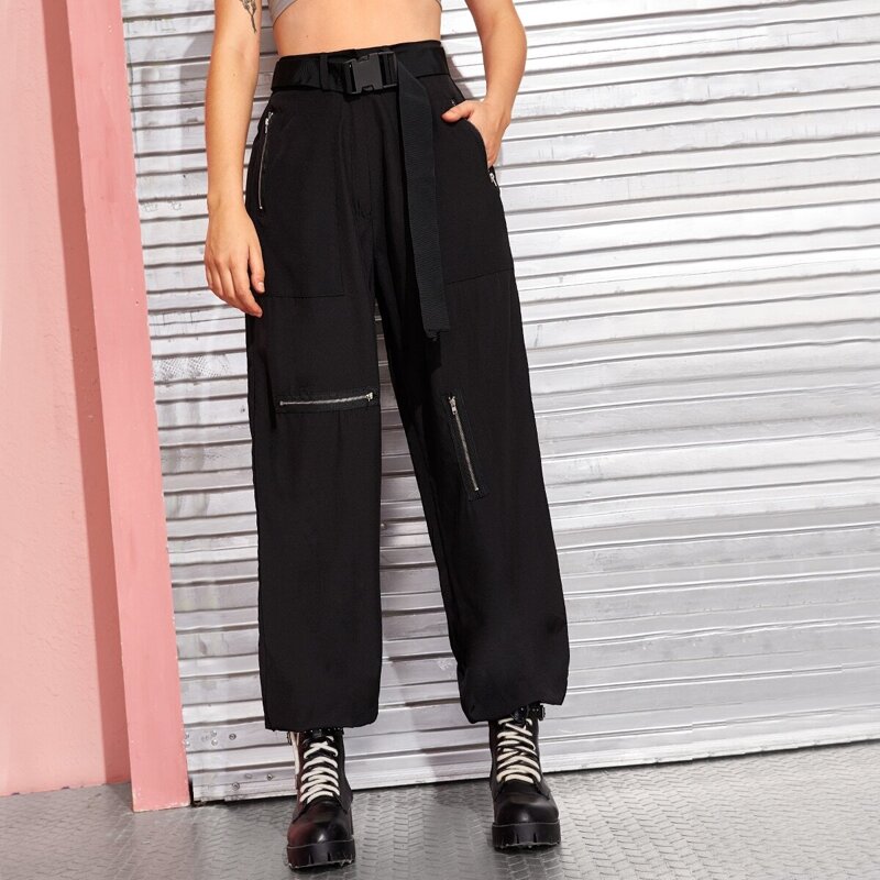 

Push Buckle Belted Zip Detail Pants, Black