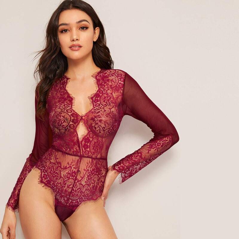 

Eyelash Floral Lace Sheer Teddy Bodysuit, Burgundy
