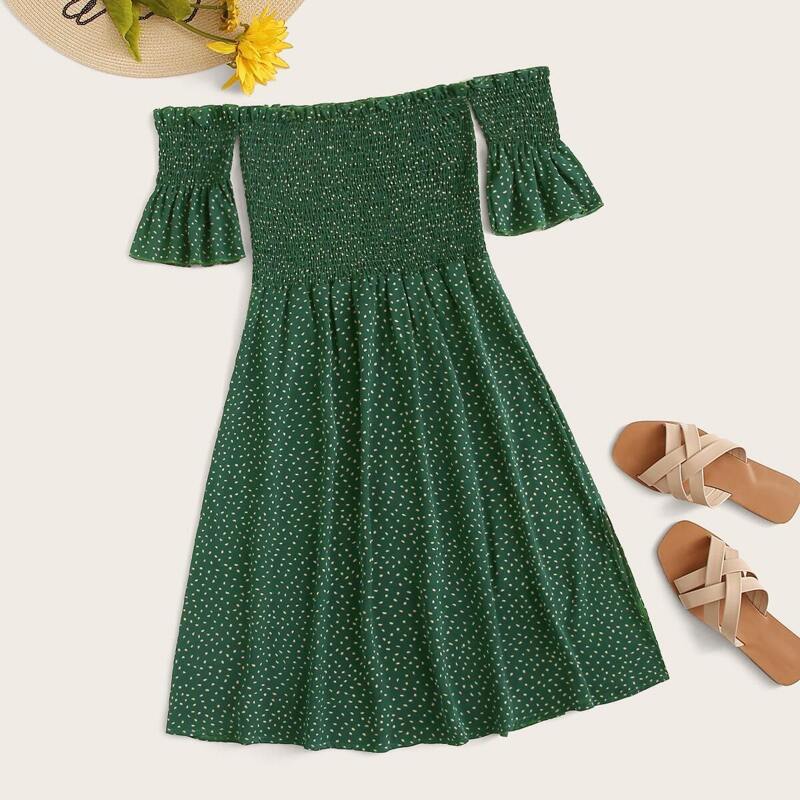 

Dalmatian Print Shirred Off Shoulder Dress, Green