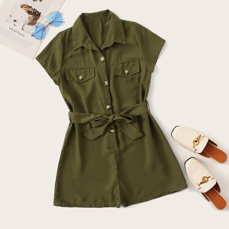 

Single Breasted Belted Utility Playsuit, Army green