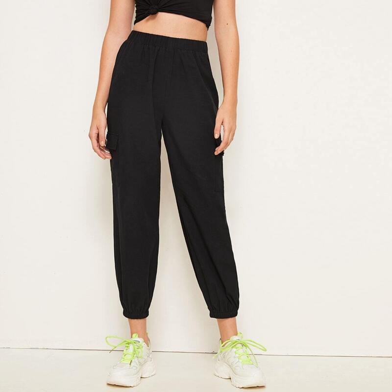 

Solid Pocket Side Elastic Waist Pants, Black