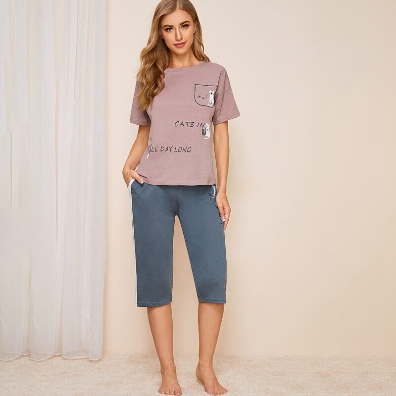 

Cat & Letter Print Pajama Set, Multicolor