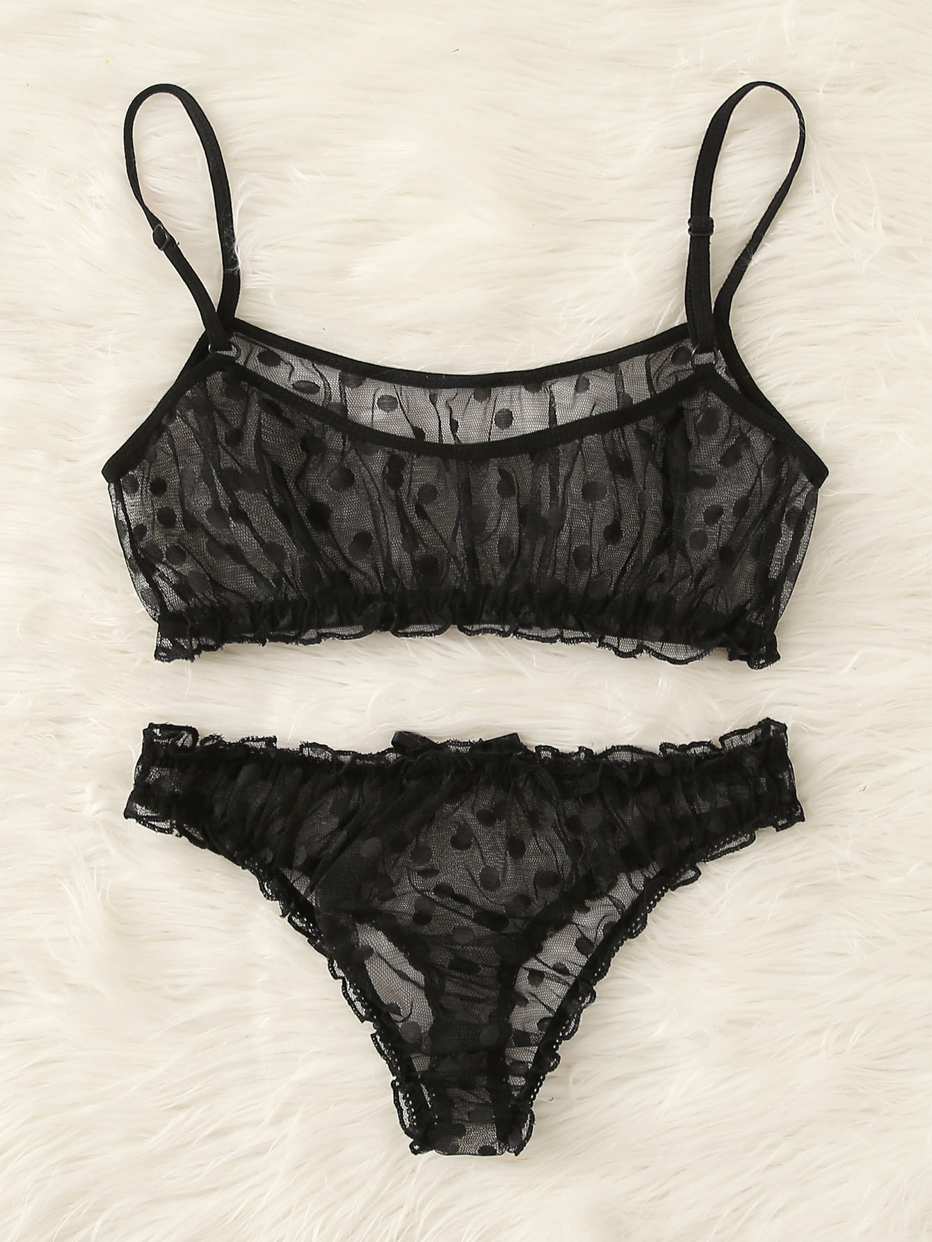 Women's Black Polka‑Dot Sheer Mesh Underwear Set, Ruffle Trim Bow Decor 2‑Piece Bralette & Panty, Romantic Honeymoon Nightwear