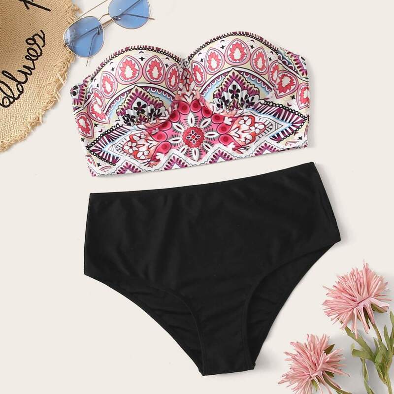 

Tribal Underwire Bandeau With High Waist Bikini Set, Multicolor