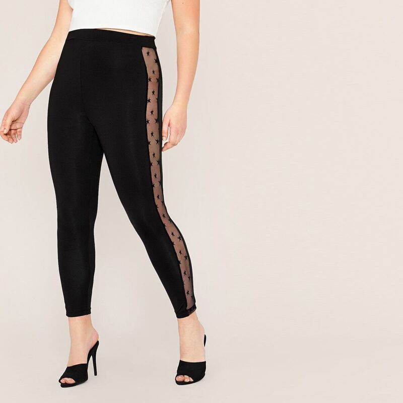 

Plus Star Mesh Insert Striped Side Leggings, Black