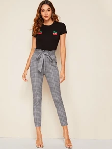 SHEIN 高腰褶皺自腰帶格倫褲子 - 灰色 - 查看 3