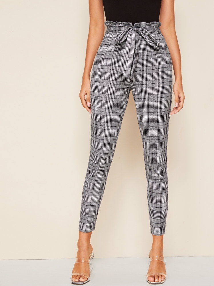 SHEIN Glen Plaid Belted Paperbag Skinny Pants - Grey - View 1