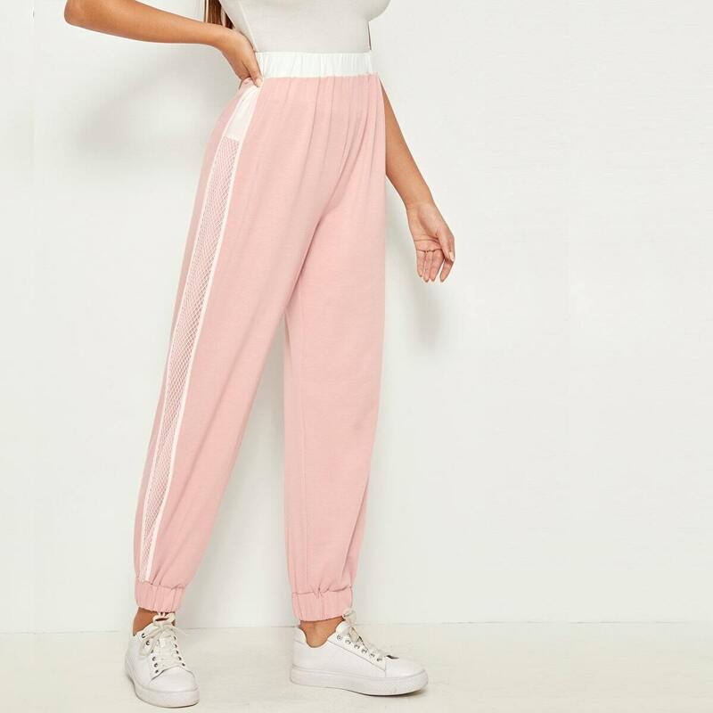 

Fishnet Mesh Insert Two Tone Sweatpants, Pink pastel