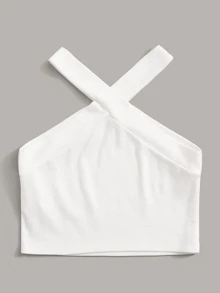 SHEIN EZwear Top halter con tiras cruzadas tejido de canalé unicolor - Blanco - Ver 3