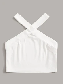 SHEIN EZwear Top halter con tiras cruzadas tejido de canalé unicolor - Blanco - Ver 4