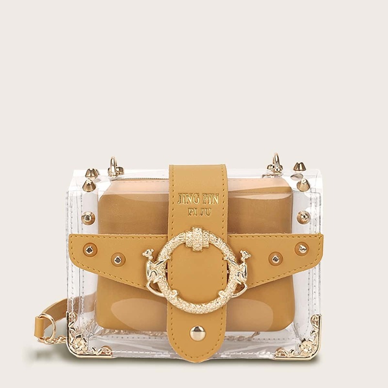 

Studded Decor Clear Chain Bag With Inner Pouch, Multicolor