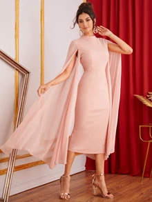 Modelyn Mock-neck Exaggerate Cape Sleeve Split Hem Pencil Dress - Coral Pink - View 1