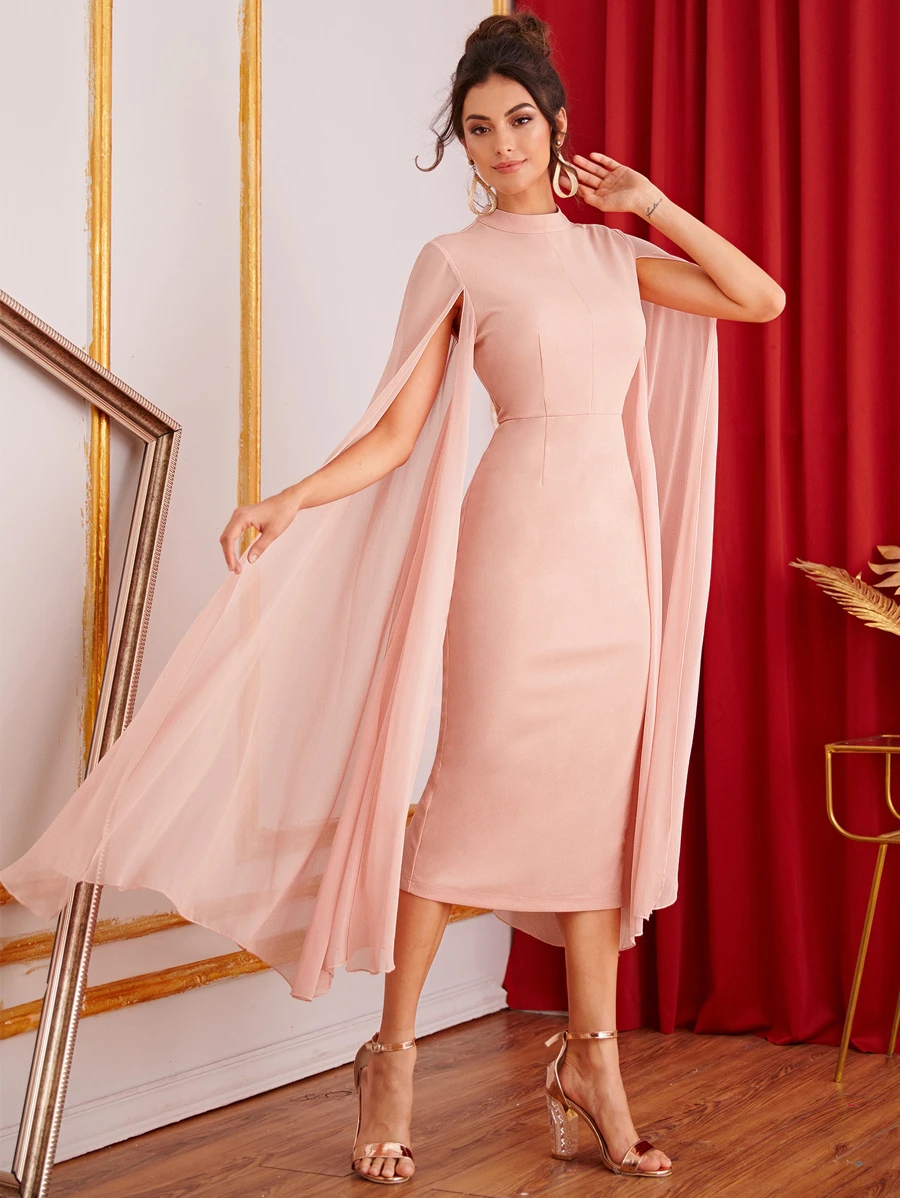 Modelyn Mock-neck Exaggerate Cape Sleeve Split Hem Pencil Dress - Coral Pink - View 1