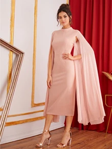 Modelyn Mock-neck Exaggerate Cape Sleeve Split Hem Pencil Dress - Coral Pink - View 4