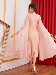 Modelyn Mock-neck Exaggerate Cape Sleeve Split Hem Pencil Dress - Coral Pink - View 2