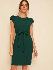SHEIN Clasi 花瓣袖自腰帶連衣裙 - 墨綠色 - 查看 1
