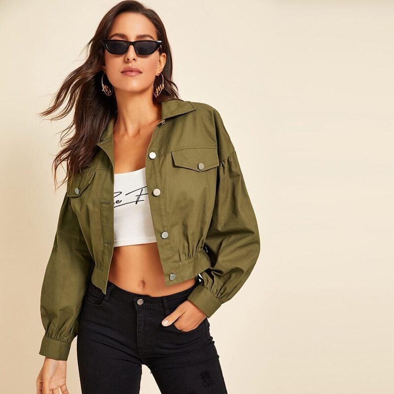 

Solid Button Front Pocket Patch Jacket, Army green