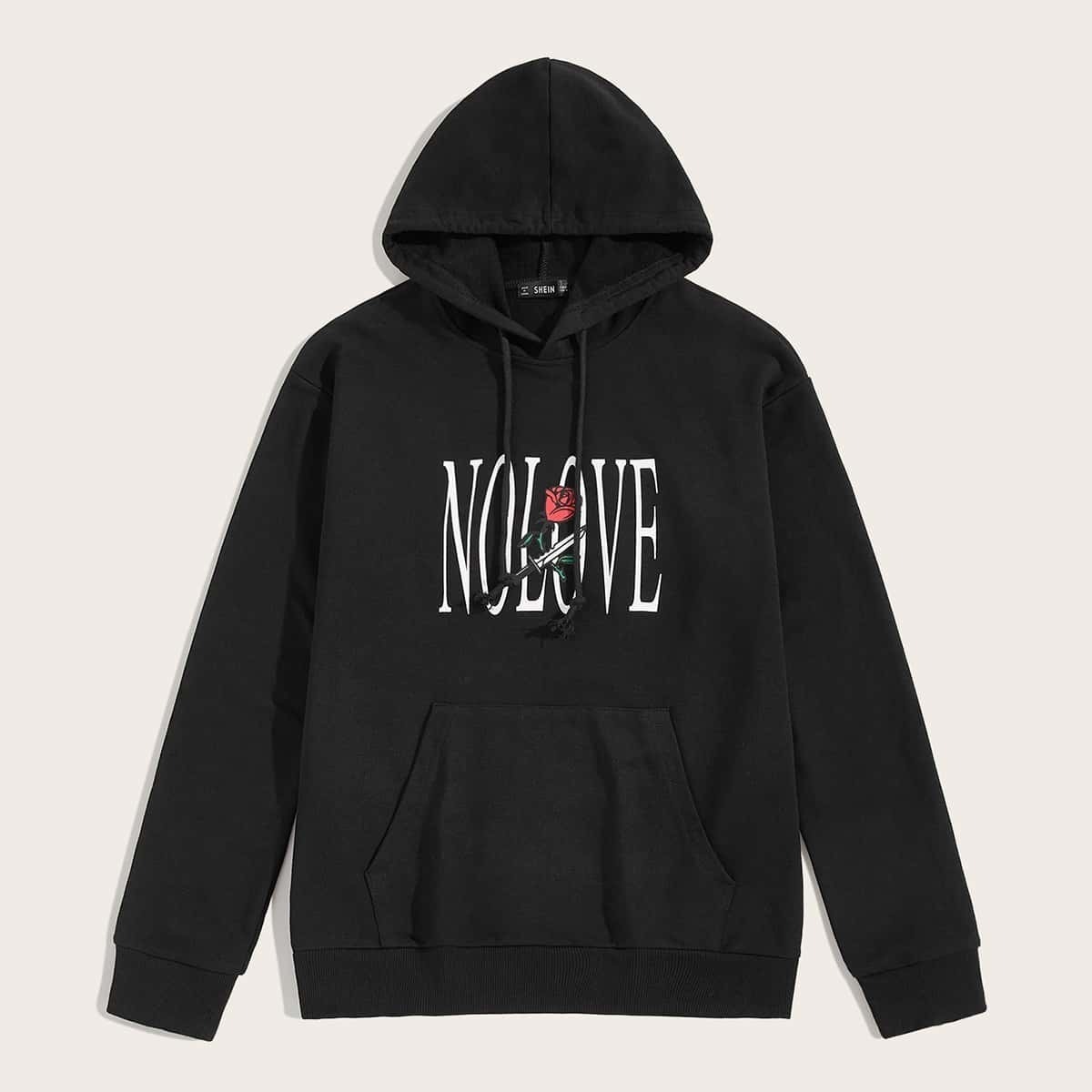 

Guys Letter and Floral Print Pocket Front Hoodie, Black