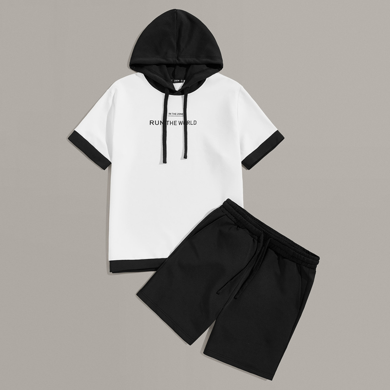 

Guys Two Tone Slogan Hoodie and Slant Pocket Shorts Set, Black and white