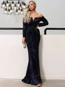 off shoulder sequin maxi dress