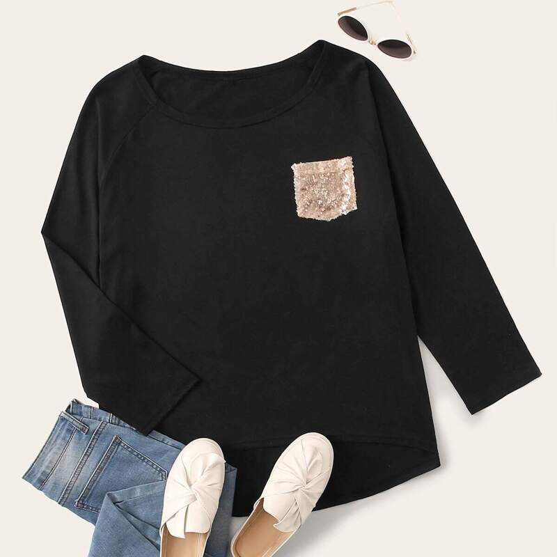

Plus Contrast Sequin Pocket High Low Top, Black